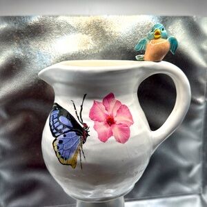 Floral Butterfly/bird  Ceramic Pitcher
